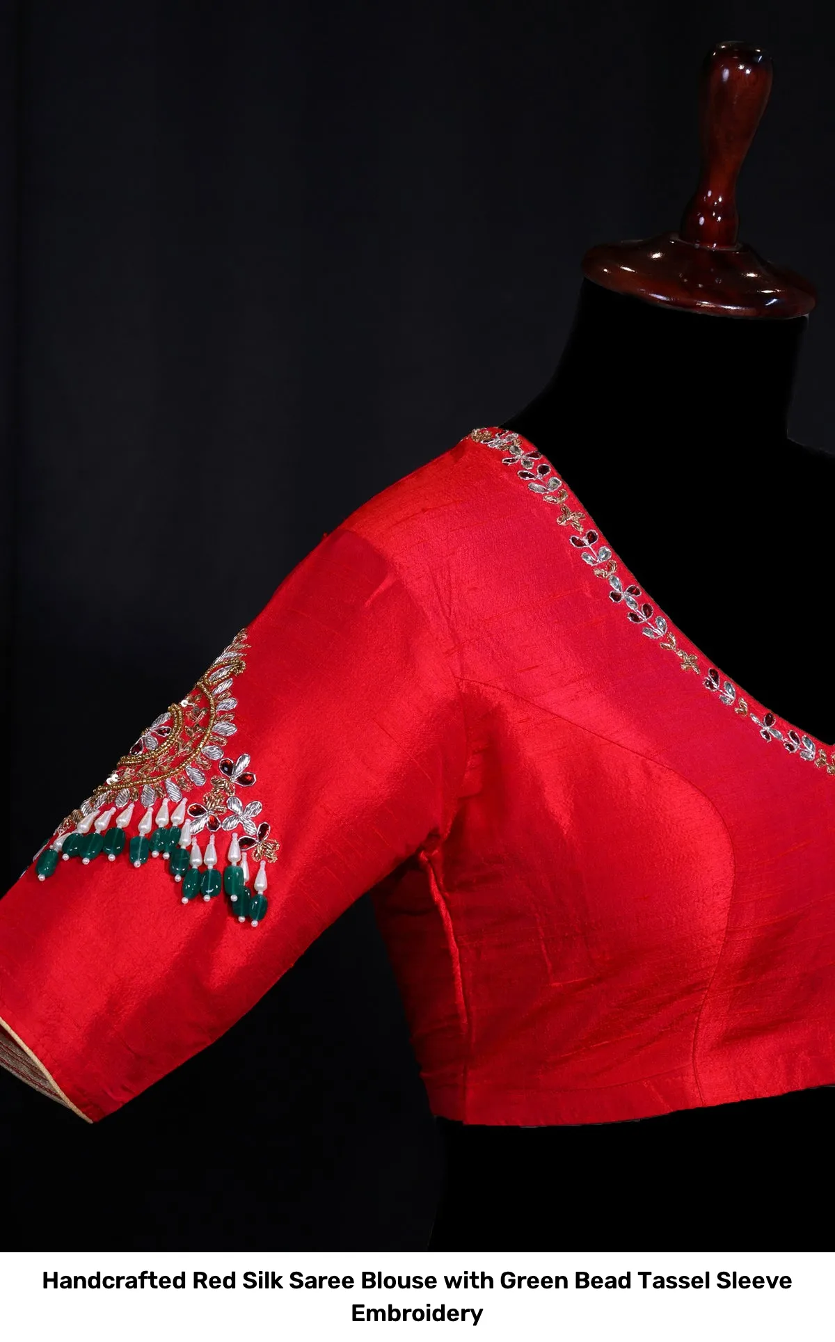 Handcrafted Red Silk Saree Blouse with Green Bead Tassel Sleeve Embroidery 3