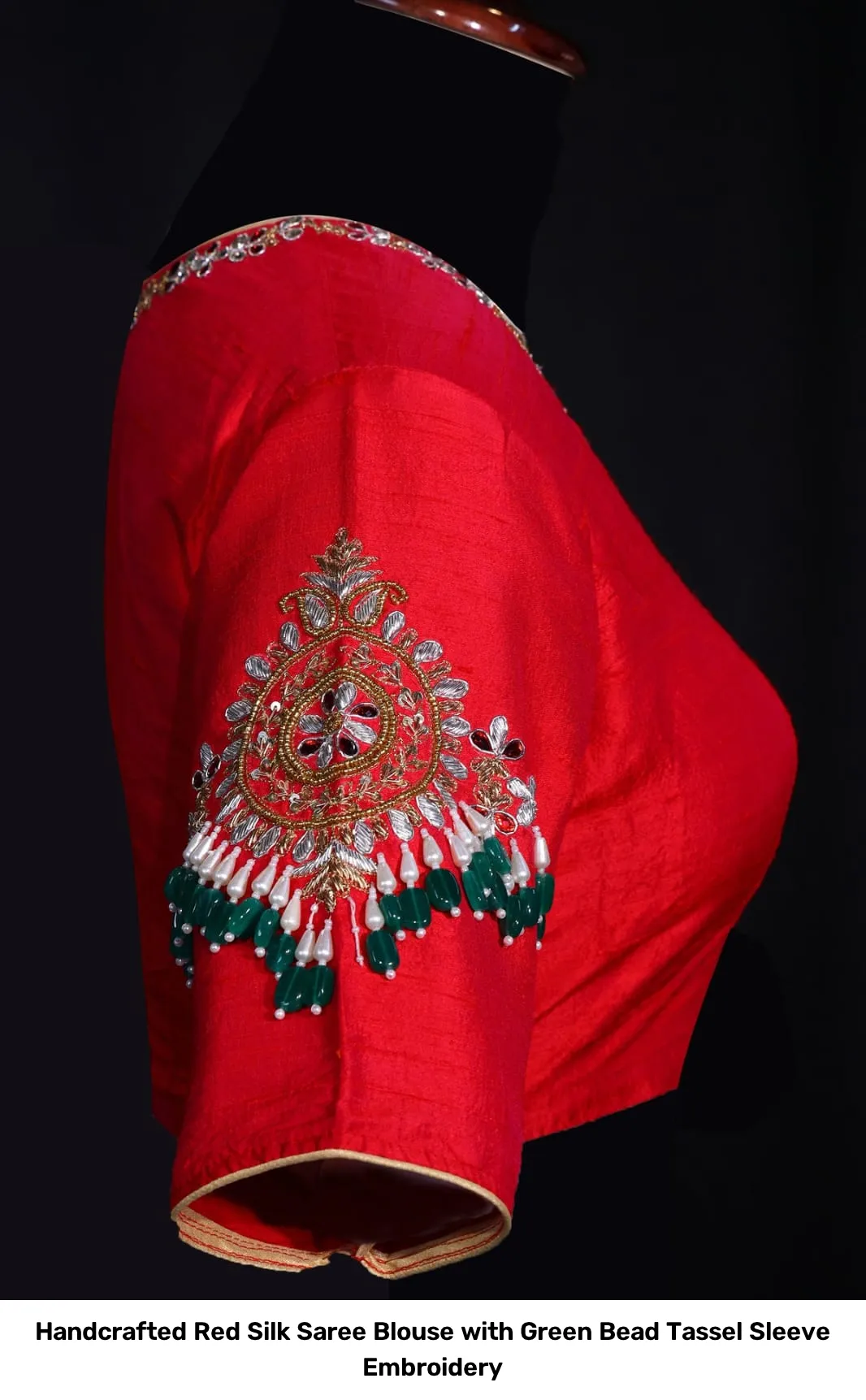 Handcrafted Red Silk Saree Blouse with Green Bead Tassel Sleeve Embroidery 4
