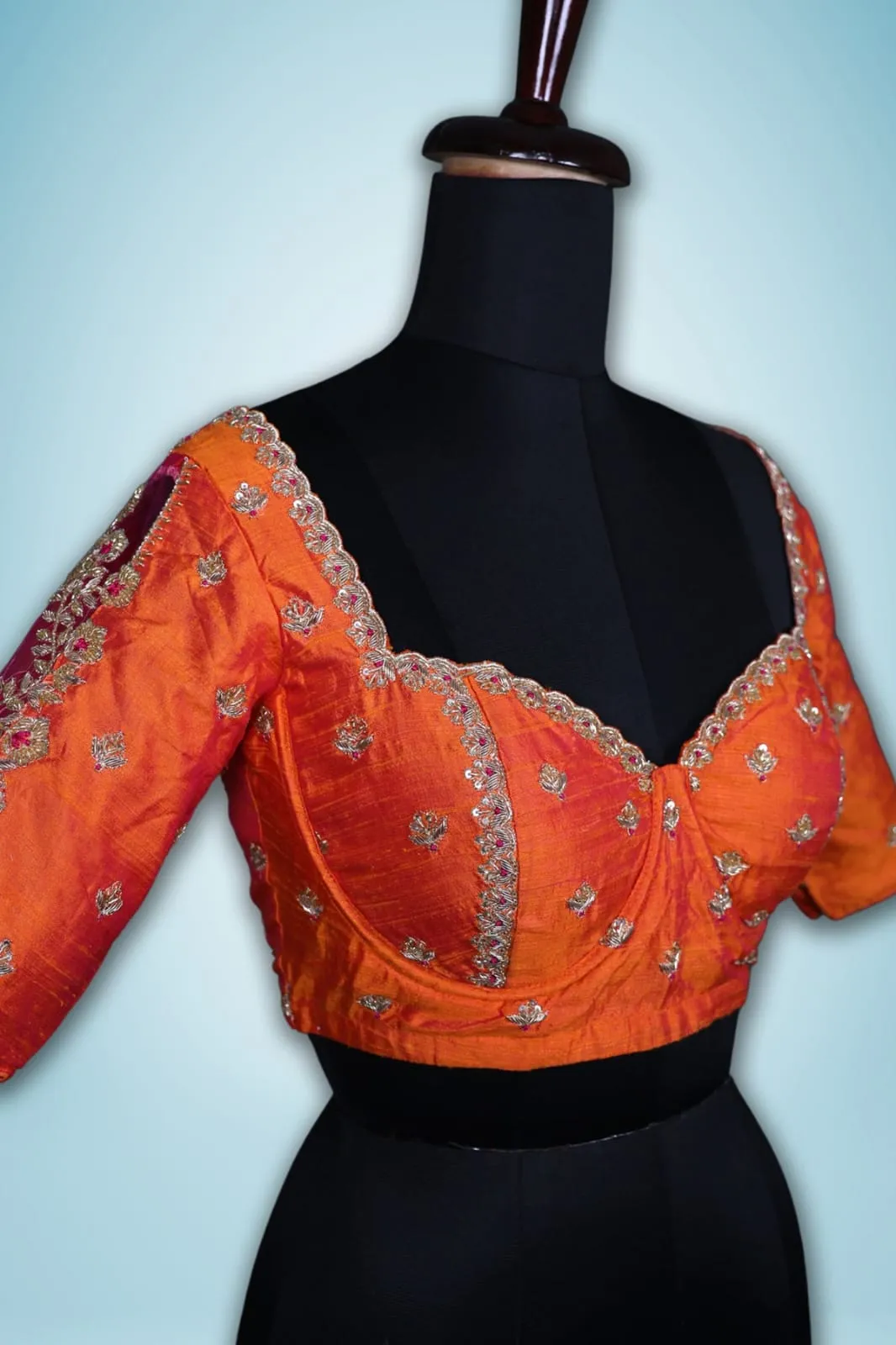 Handcrafted Sunset Orange Silk Bridal Bustier Blouse with Scalloped Neck & Buti Work