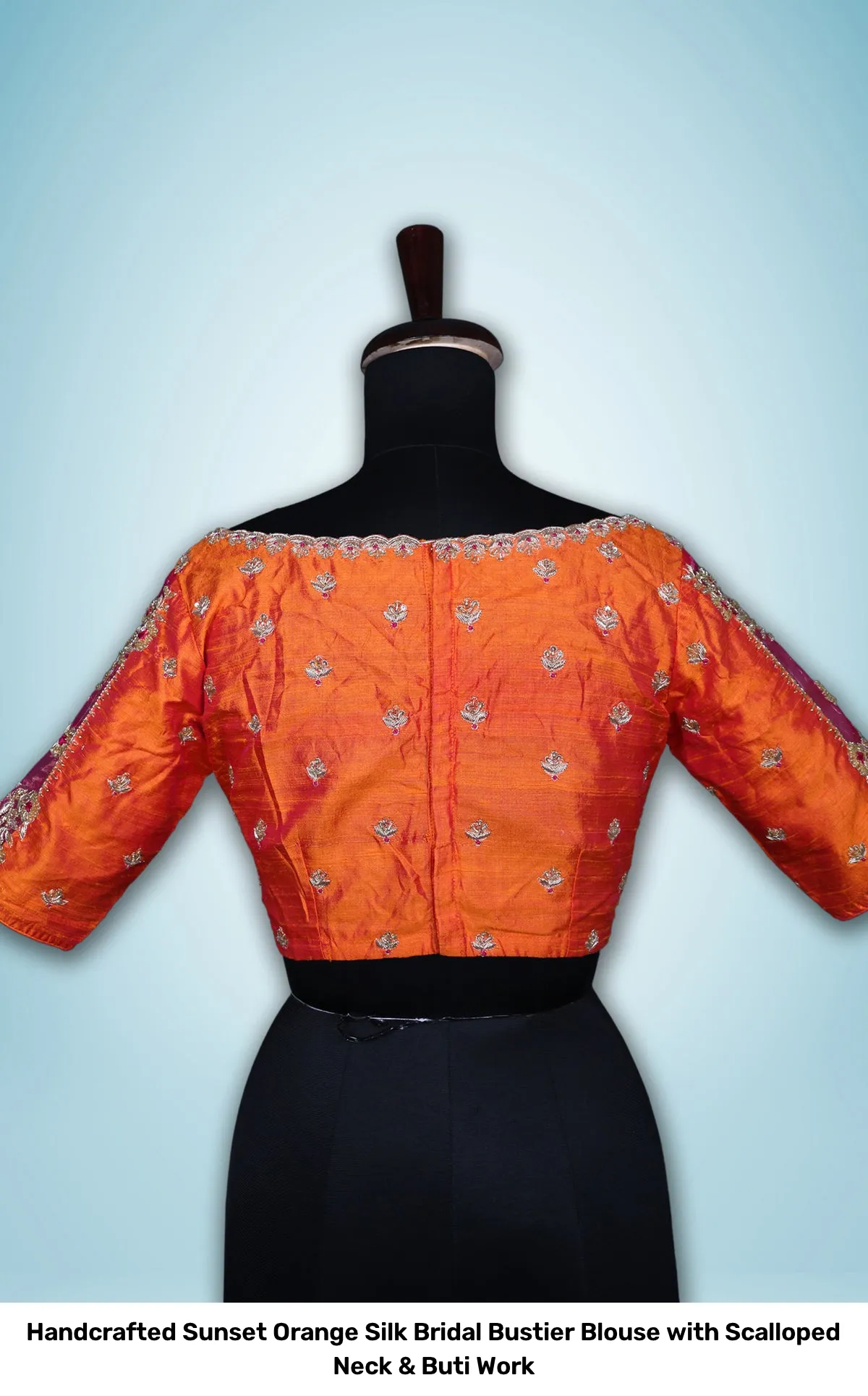 Handcrafted Sunset Orange Silk Bridal Bustier Blouse with Scalloped Neck & Buti Work 2