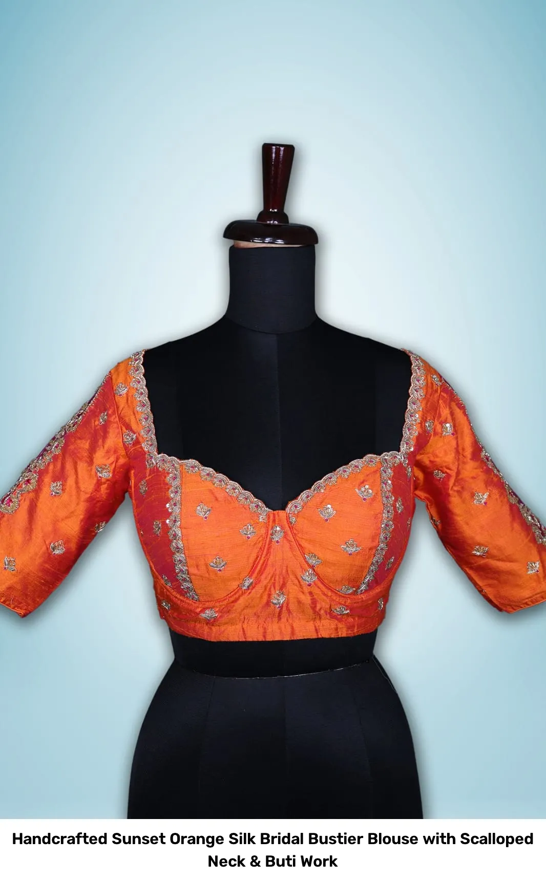 Handcrafted Sunset Orange Silk Bridal Bustier Blouse with Scalloped Neck & Buti Work 3