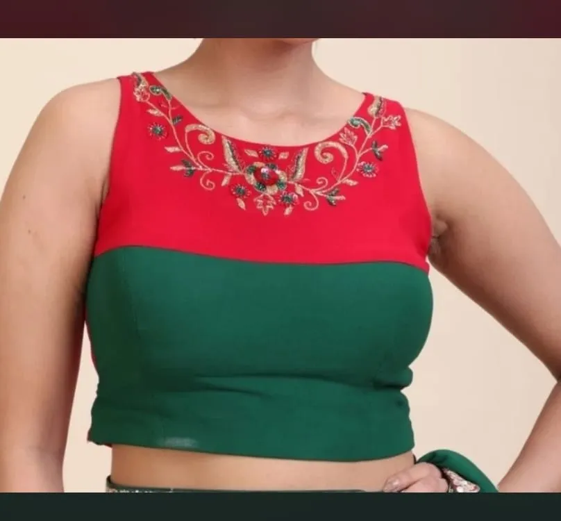Handcrafted Two-Tone Red Green Saree Blouse with Floral Zardozi Neck Embroidery 1