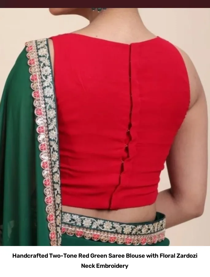Handcrafted Two-Tone Red Green Saree Blouse with Floral Zardozi Neck Embroidery 2