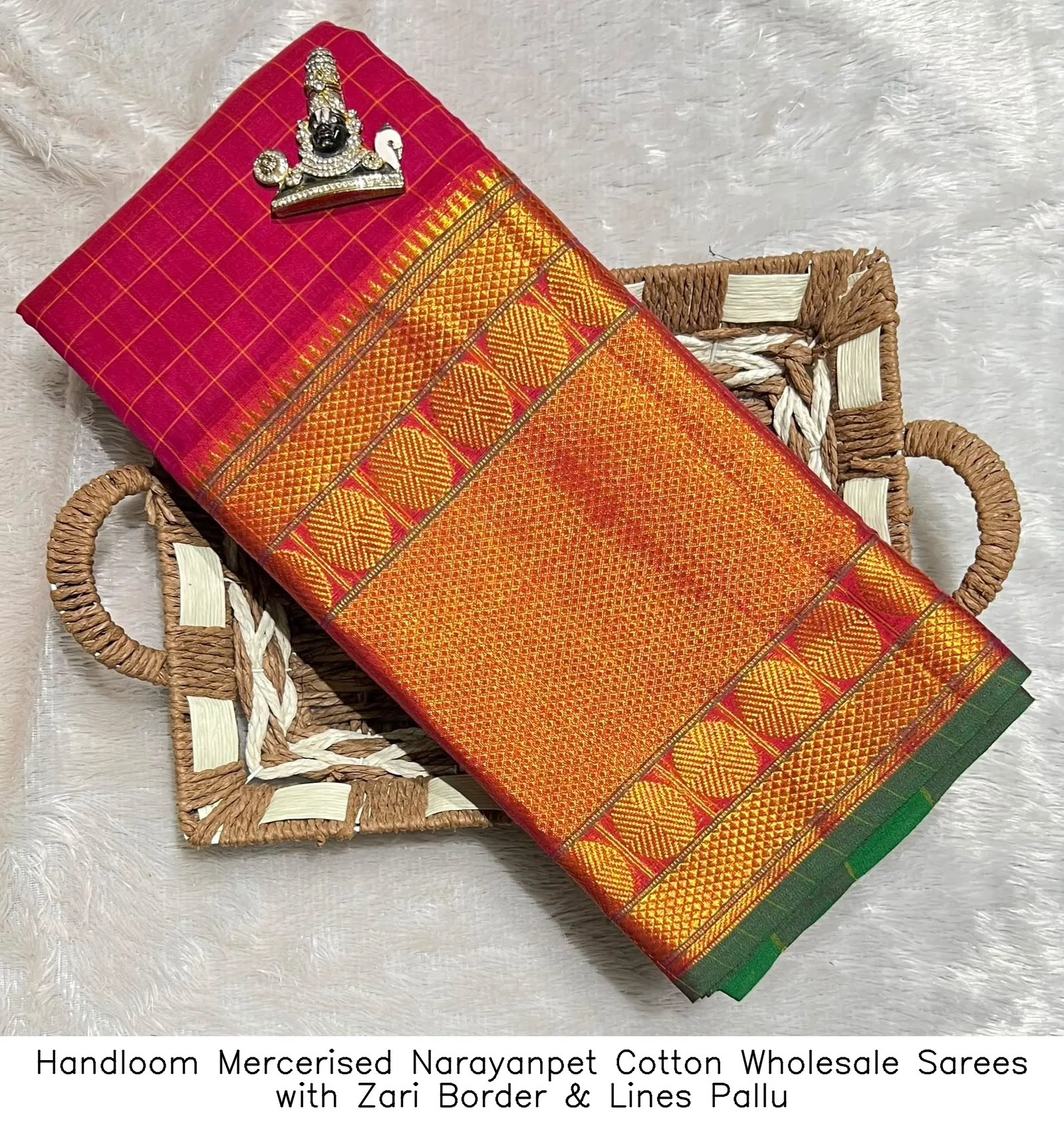 Handloom Mercerised Narayanpet Cotton Wholesale Sarees with Zari Border & Lines Pallu 2