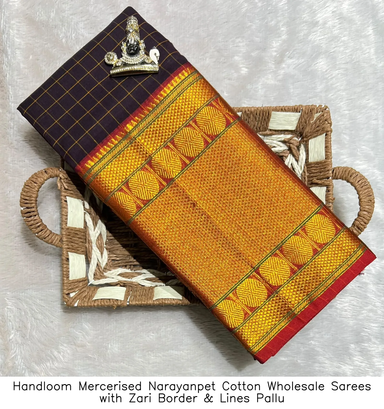 Handloom Mercerised Narayanpet Cotton Wholesale Sarees with Zari Border & Lines Pallu 3