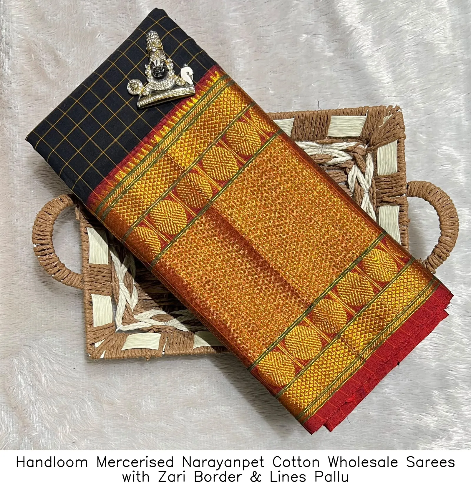 Handloom Mercerised Narayanpet Cotton Wholesale Sarees with Zari Border & Lines Pallu 5