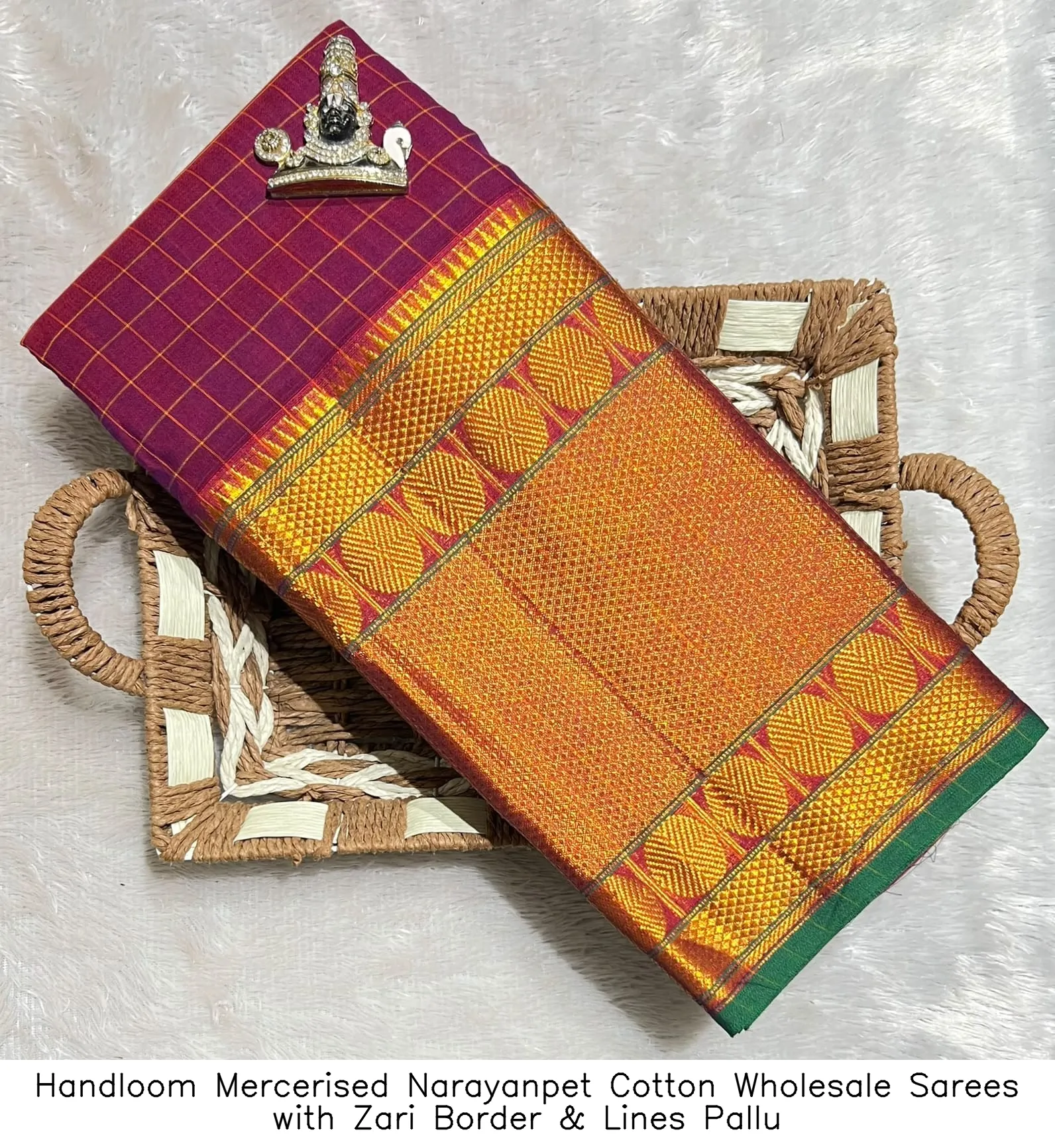 Handloom Mercerised Narayanpet Cotton Wholesale Sarees with Zari Border & Lines Pallu 8