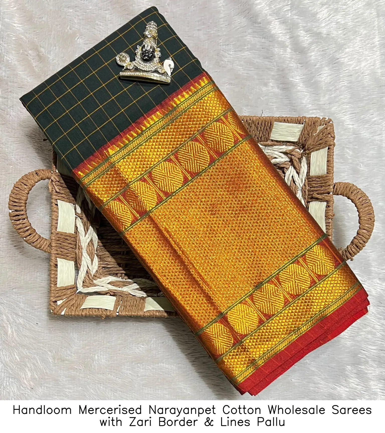Handloom Mercerised Narayanpet Cotton Wholesale Sarees with Zari Border & Lines Pallu 9