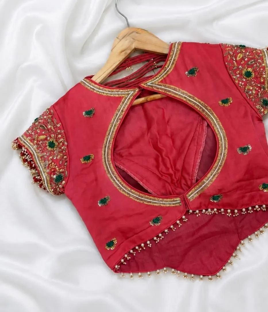 Heavy Aari Work Bridal Silk Blouse in Red | Maggam Work