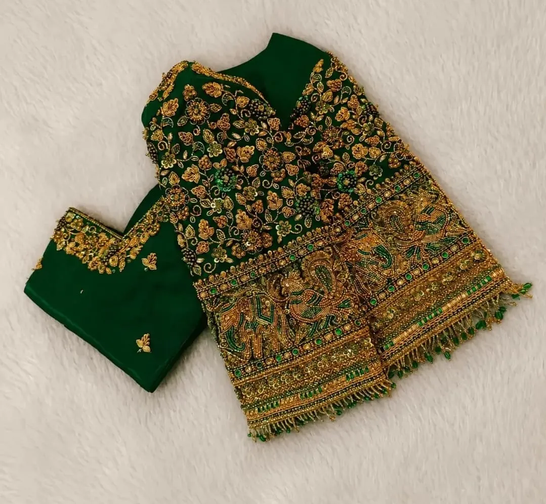 Heavy Hand Embroidered Emerald Green Bridal Saree Blouse | Traditional Temple Border & Tassel Finished Blouse 1