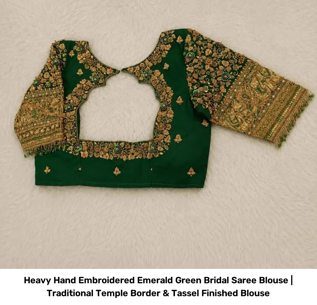 Heavy Hand Embroidered Emerald Green Bridal Saree Blouse | Traditional Temple Border & Tassel Finished Blouse 2