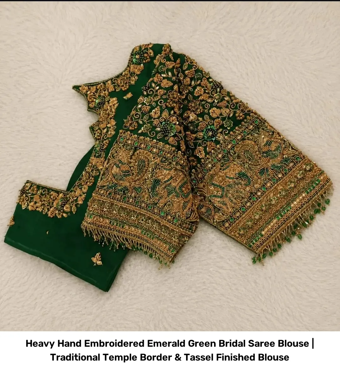 Heavy Hand Embroidered Emerald Green Bridal Saree Blouse | Traditional Temple Border & Tassel Finished Blouse 3