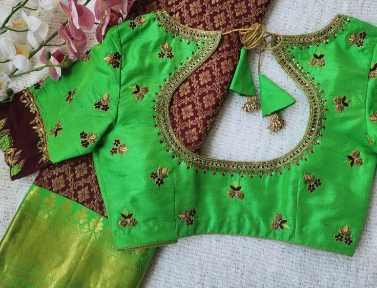 Heavy Hand Embroidered Parrot Green Silk Saree Blouse | Deep Back Neck with Latkan Tassels & Floral Bootis Blouse 1