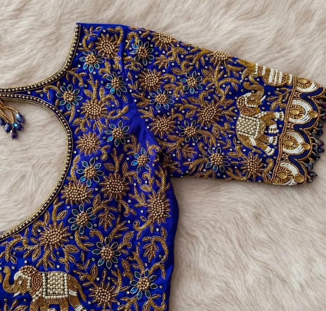 Heavy Hand Embroidered Royal Blue Bridal Saree Blouse | Designer Cut Neck Choli with Tassel Detailing 1
