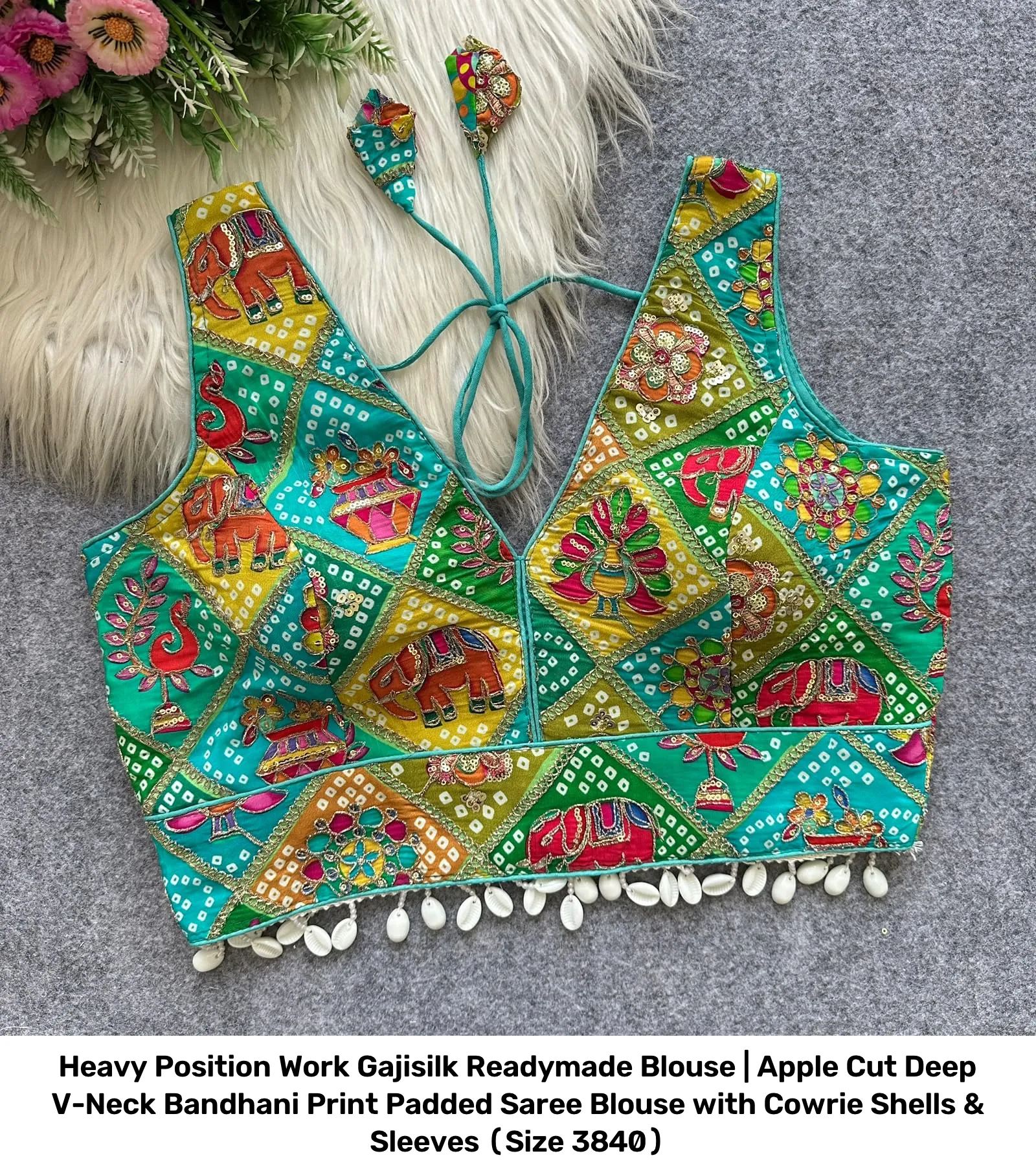 Heavy Position Work Gajisilk Readymade Blouse | Apple Cut Deep V-Neck Bandhani Print Padded Saree Blouse with Cowrie Shells & Sleeves (Size 38–40) 10