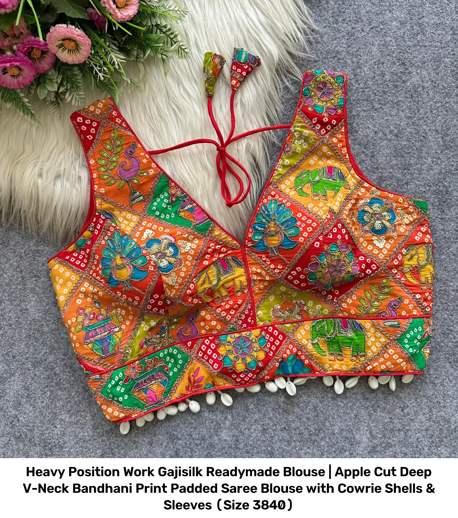 Heavy Position Work Gajisilk Readymade Blouse | Apple Cut Deep V-Neck Bandhani Print Padded Saree Blouse with Cowrie Shells & Sleeves (Size 38–40) 11