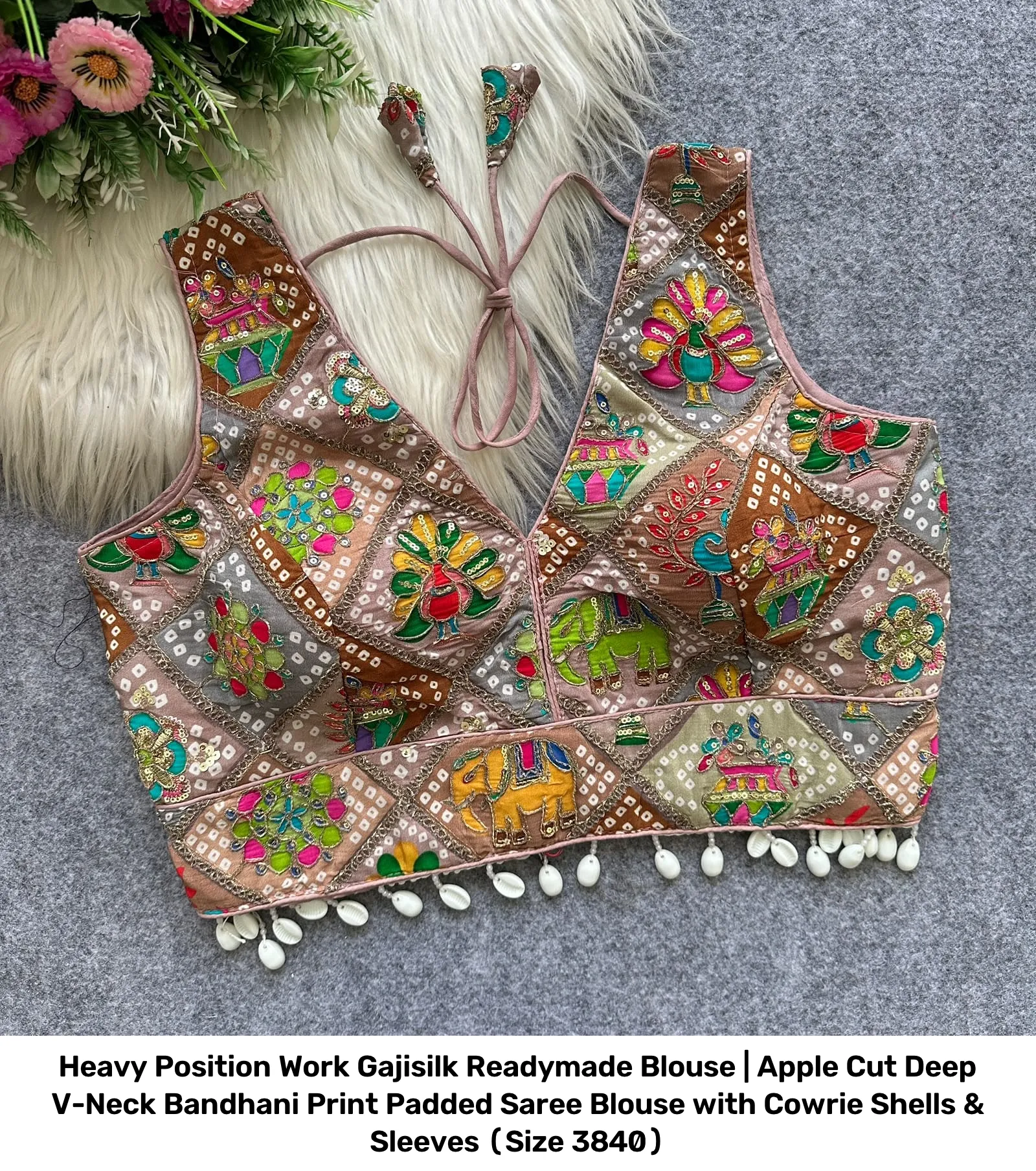 Heavy Position Work Gajisilk Readymade Blouse | Apple Cut Deep V-Neck Bandhani Print Padded Saree Blouse with Cowrie Shells & Sleeves (Size 38–40) 12