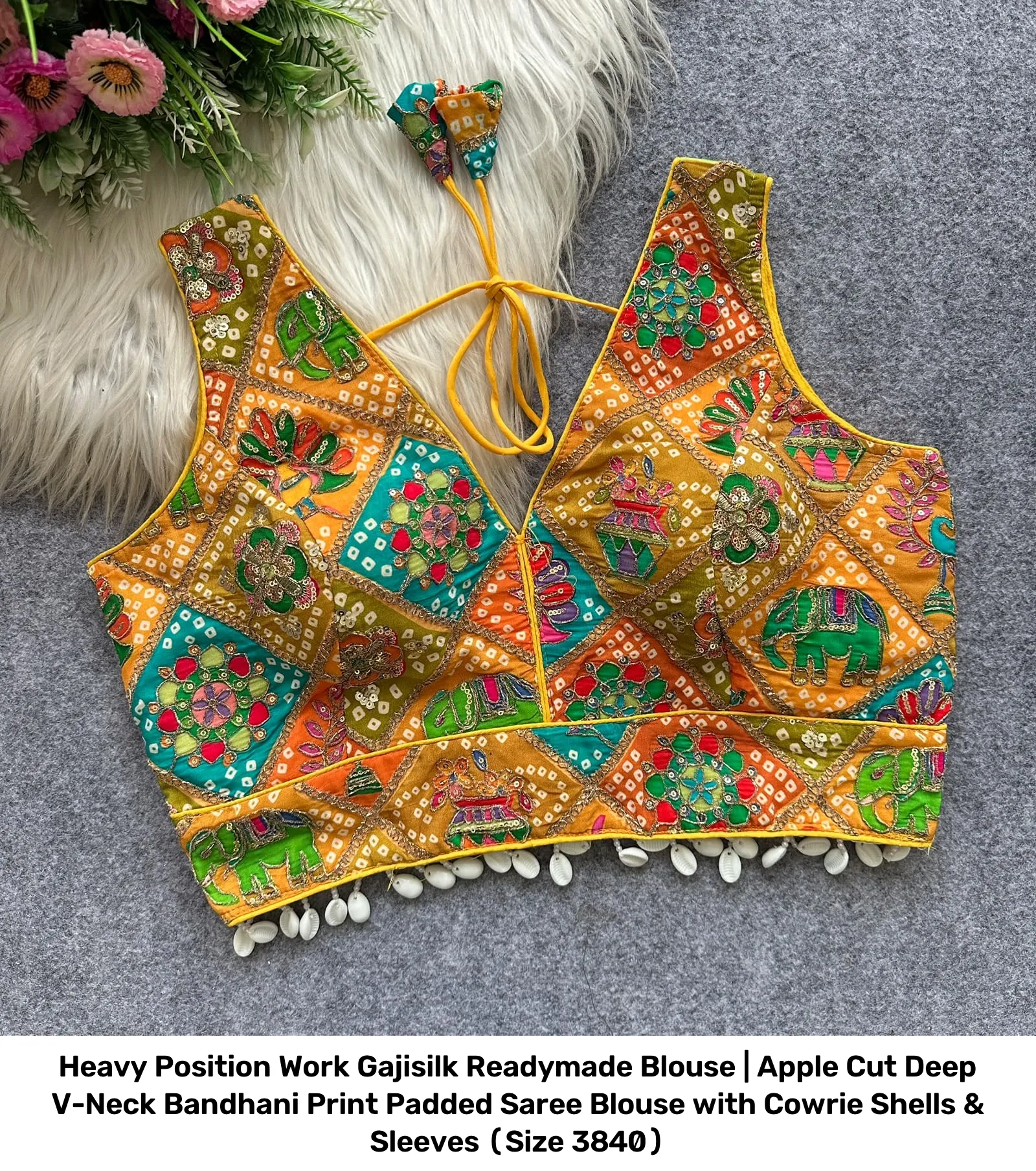 Heavy Position Work Gajisilk Readymade Blouse | Apple Cut Deep V-Neck Bandhani Print Padded Saree Blouse with Cowrie Shells & Sleeves (Size 38–40) 2
