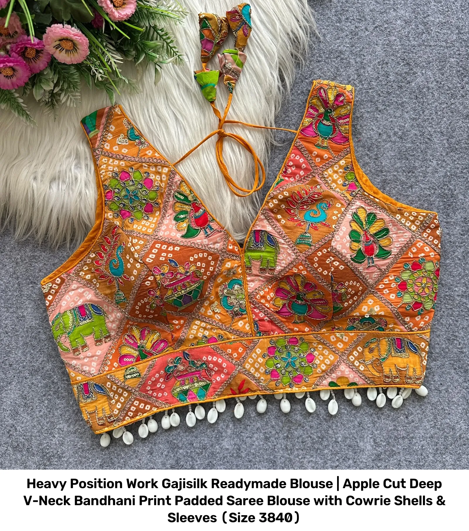 Heavy Position Work Gajisilk Readymade Blouse | Apple Cut Deep V-Neck Bandhani Print Padded Saree Blouse with Cowrie Shells & Sleeves (Size 38–40) 3