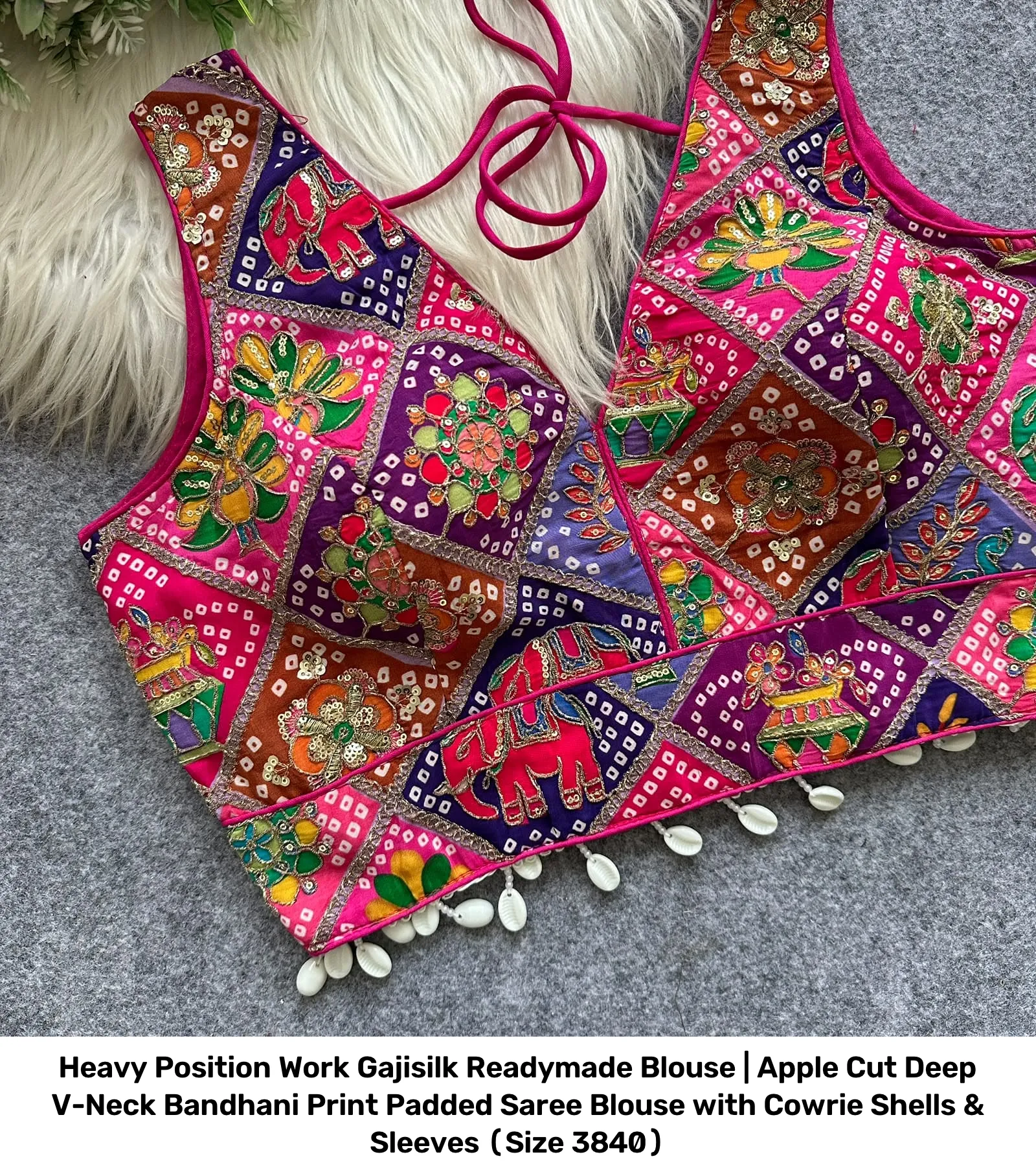 Heavy Position Work Gajisilk Readymade Blouse | Apple Cut Deep V-Neck Bandhani Print Padded Saree Blouse with Cowrie Shells & Sleeves (Size 38–40) 4
