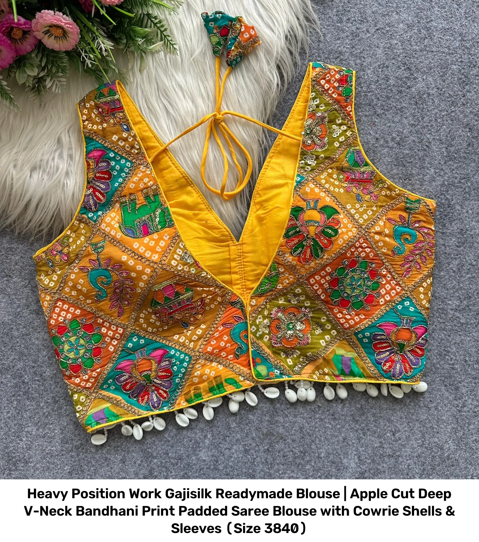 Heavy Position Work Gajisilk Readymade Blouse | Apple Cut Deep V-Neck Bandhani Print Padded Saree Blouse with Cowrie Shells & Sleeves (Size 38–40) 5