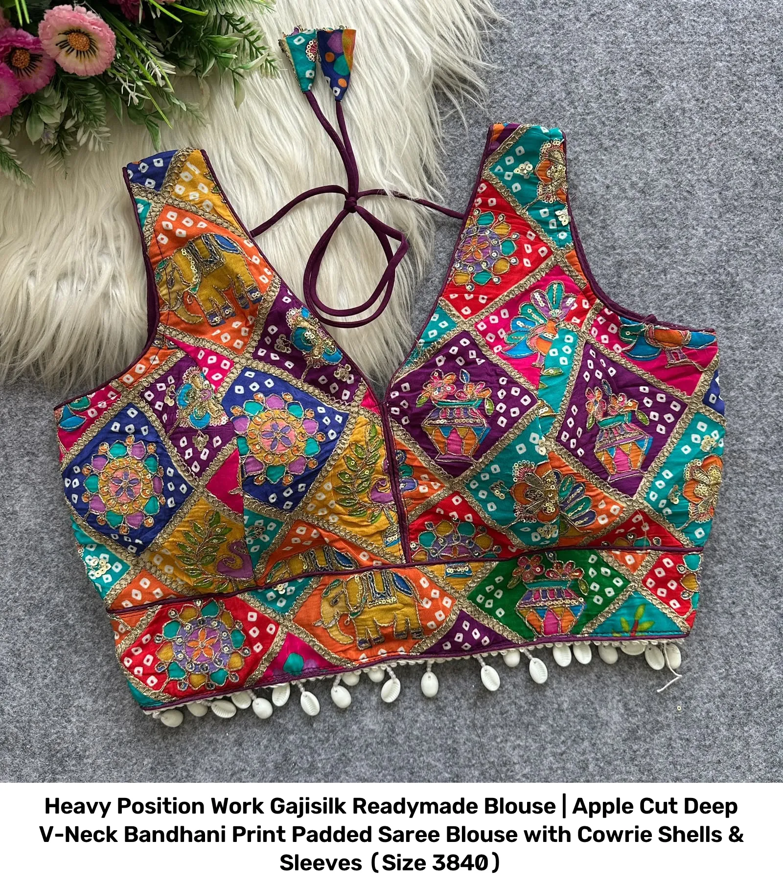 Heavy Position Work Gajisilk Readymade Blouse | Apple Cut Deep V-Neck Bandhani Print Padded Saree Blouse with Cowrie Shells & Sleeves (Size 38–40) 6