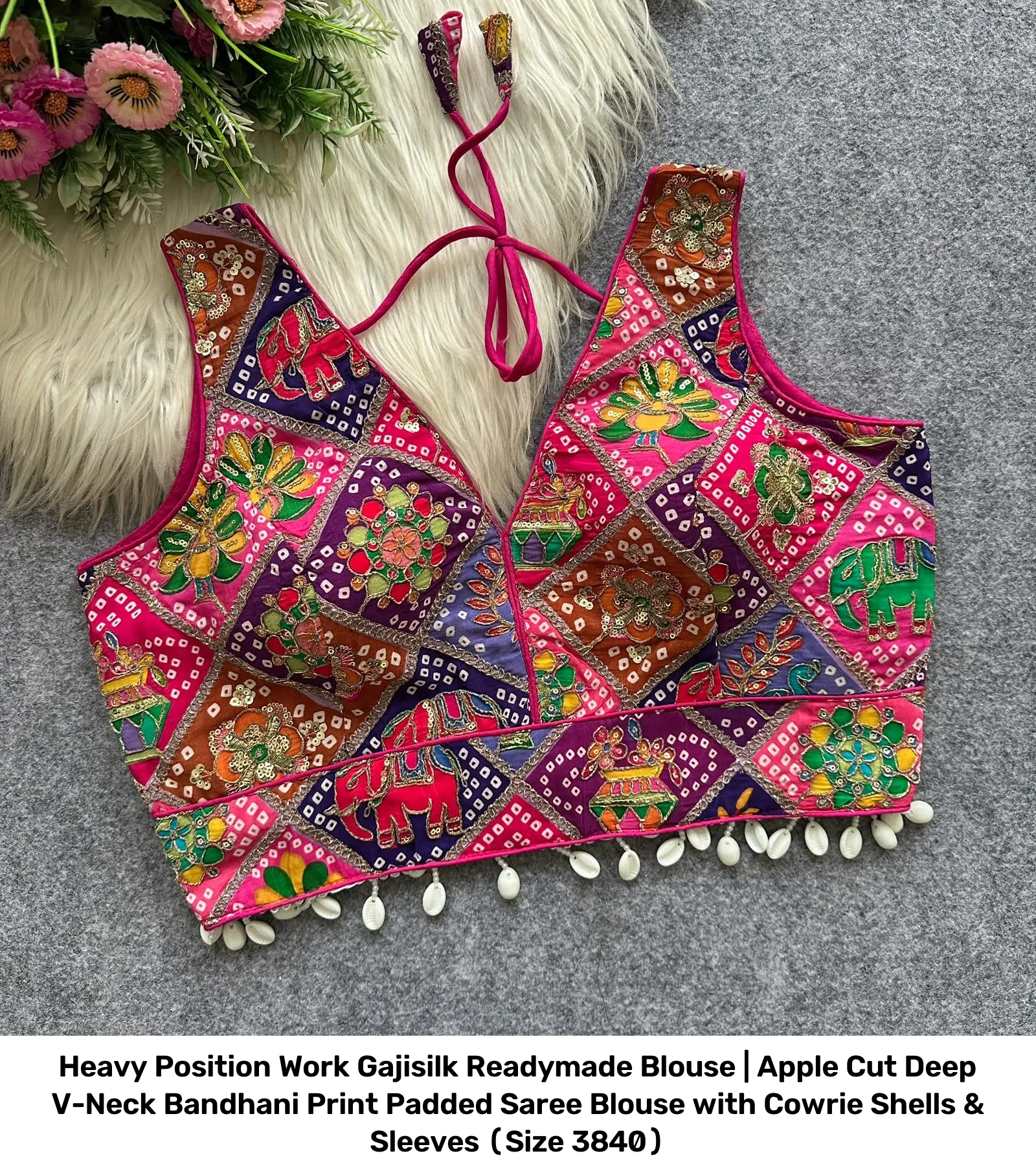 Heavy Position Work Gajisilk Readymade Blouse | Apple Cut Deep V-Neck Bandhani Print Padded Saree Blouse with Cowrie Shells & Sleeves (Size 38–40) 7