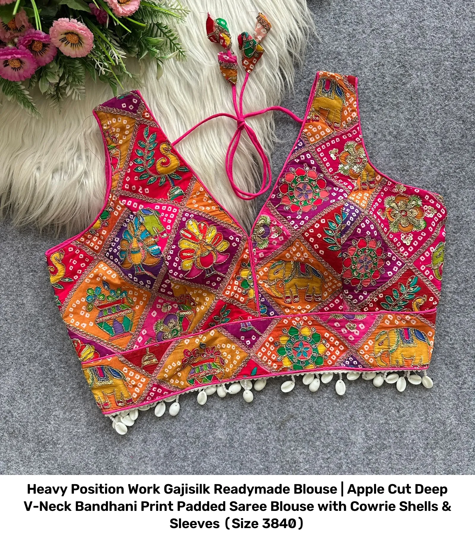 Heavy Position Work Gajisilk Readymade Blouse | Apple Cut Deep V-Neck Bandhani Print Padded Saree Blouse with Cowrie Shells & Sleeves (Size 38–40) 8