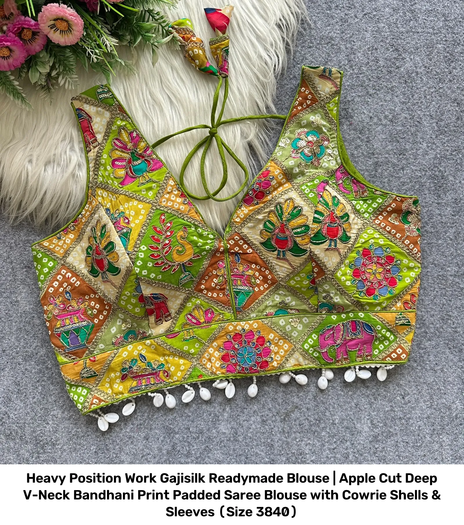 Heavy Position Work Gajisilk Readymade Blouse | Apple Cut Deep V-Neck Bandhani Print Padded Saree Blouse with Cowrie Shells & Sleeves (Size 38–40) 9