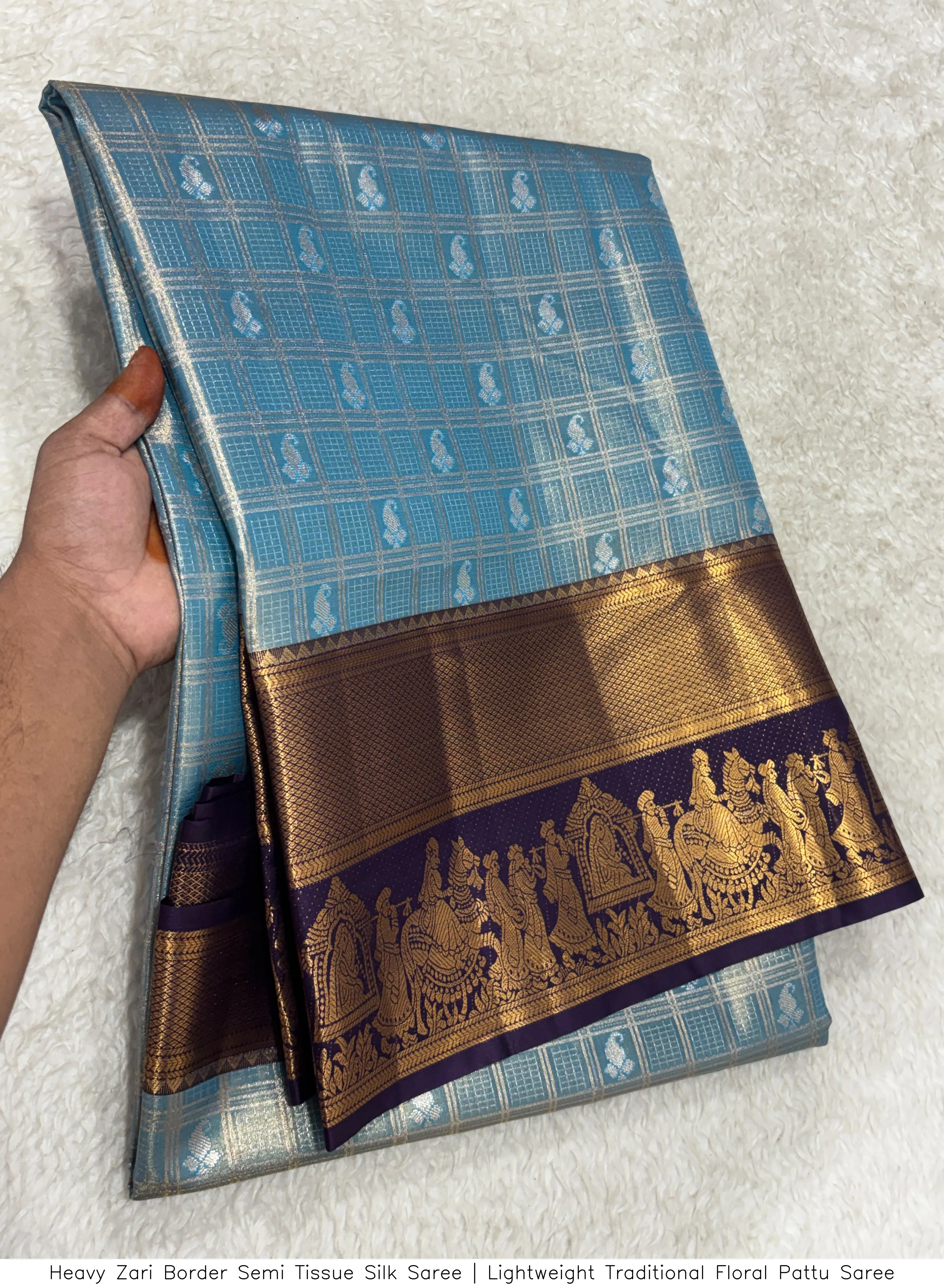 Heavy Zari Border Semi Tissue Silk Saree | Lightweight Traditional Floral Pattu Saree 2