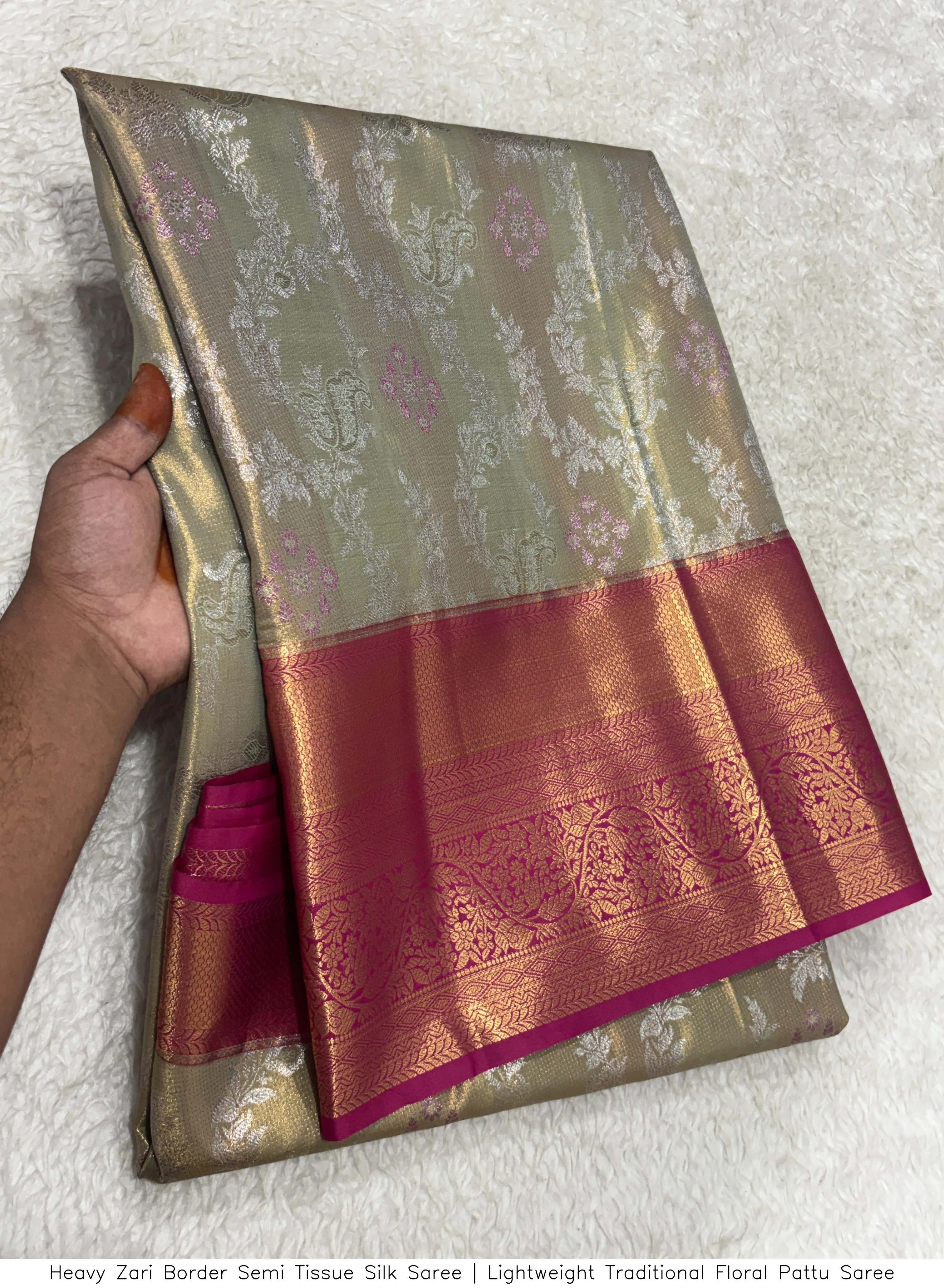 Heavy Zari Border Semi Tissue Silk Saree | Lightweight Traditional Floral Pattu Saree 3