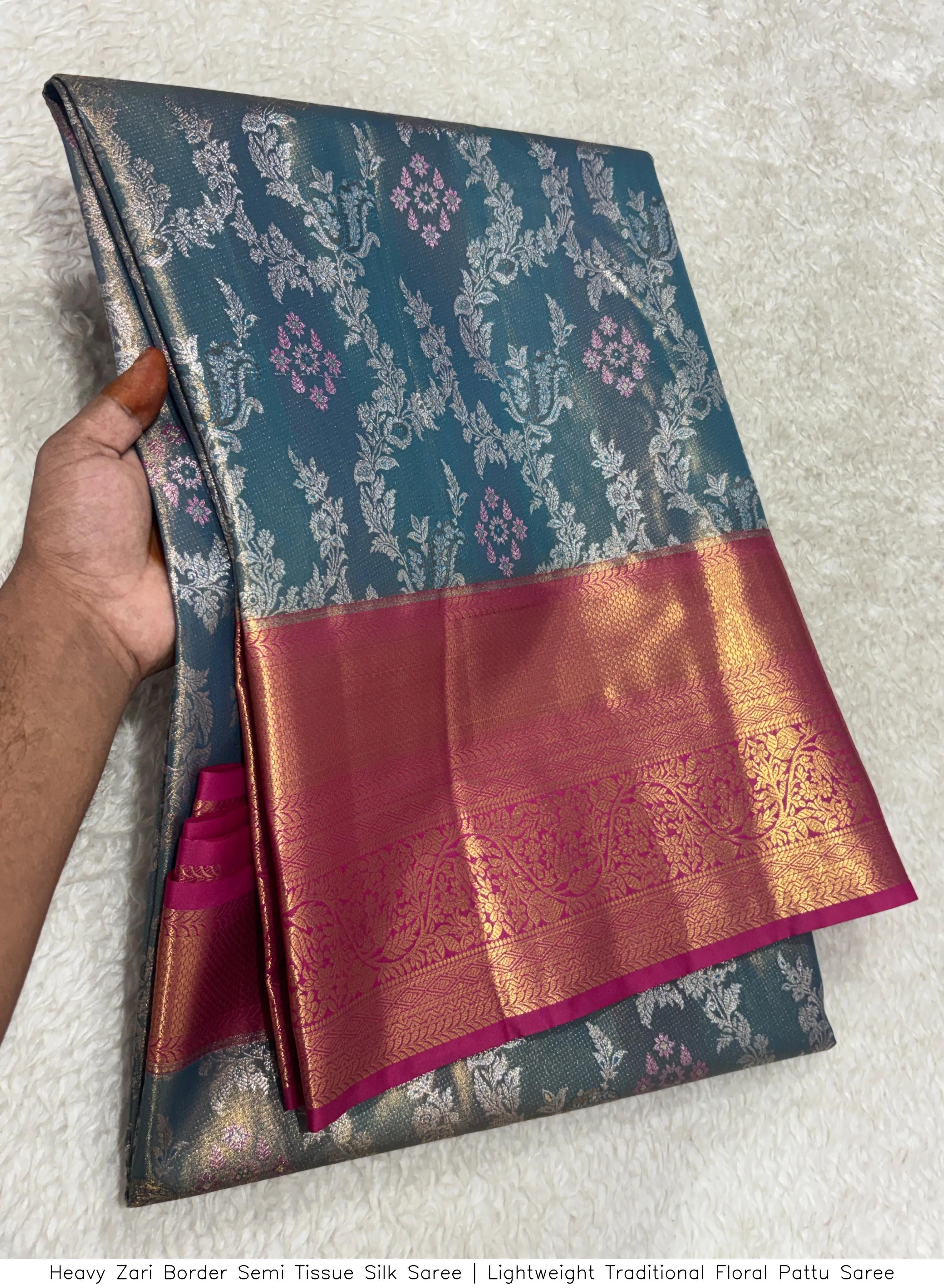 Heavy Zari Border Semi Tissue Silk Saree | Lightweight Traditional Floral Pattu Saree 4