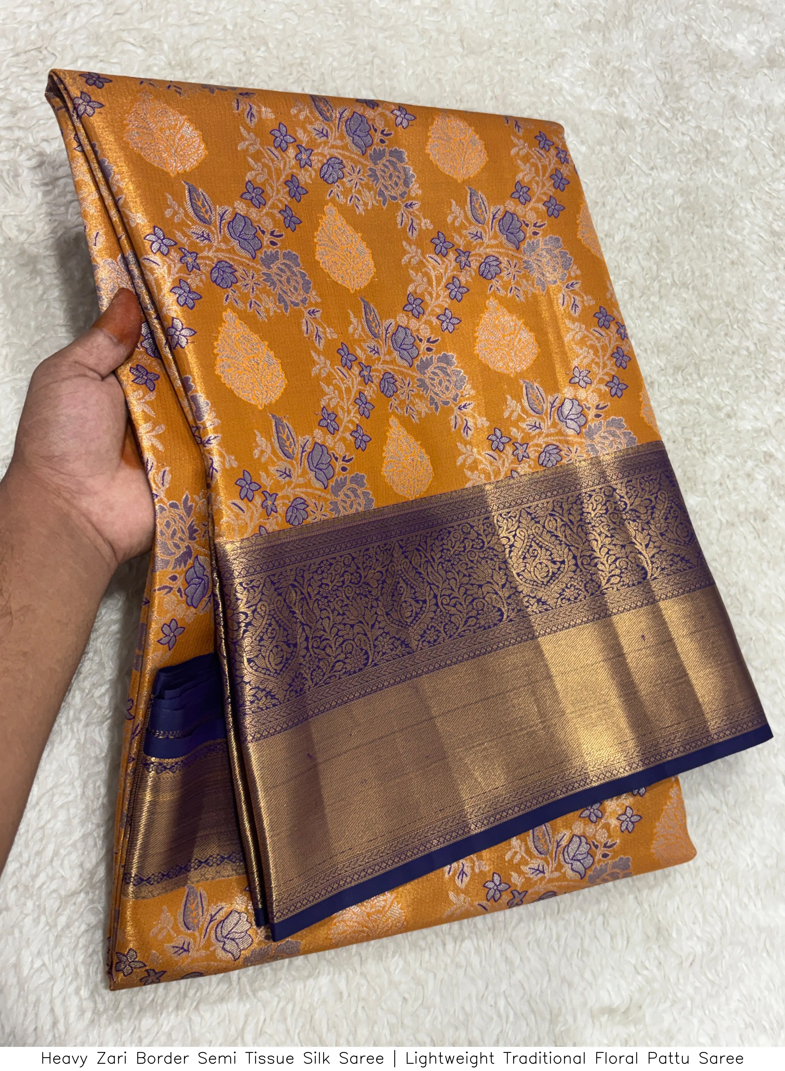 Heavy Zari Border Semi Tissue Silk Saree | Lightweight Traditional Floral Pattu Saree 5