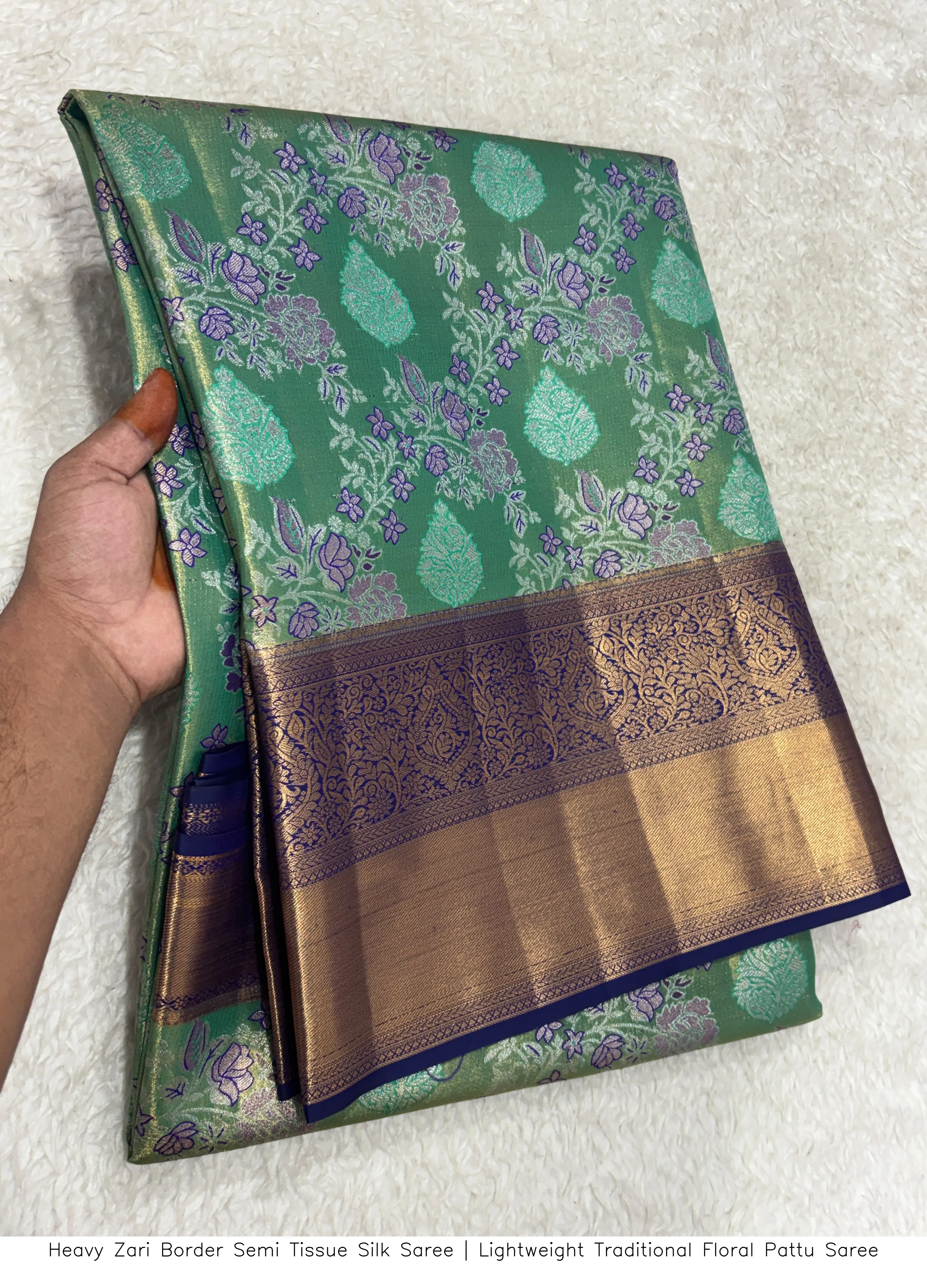 Heavy Zari Border Semi Tissue Silk Saree | Lightweight Traditional Floral Pattu Saree 6