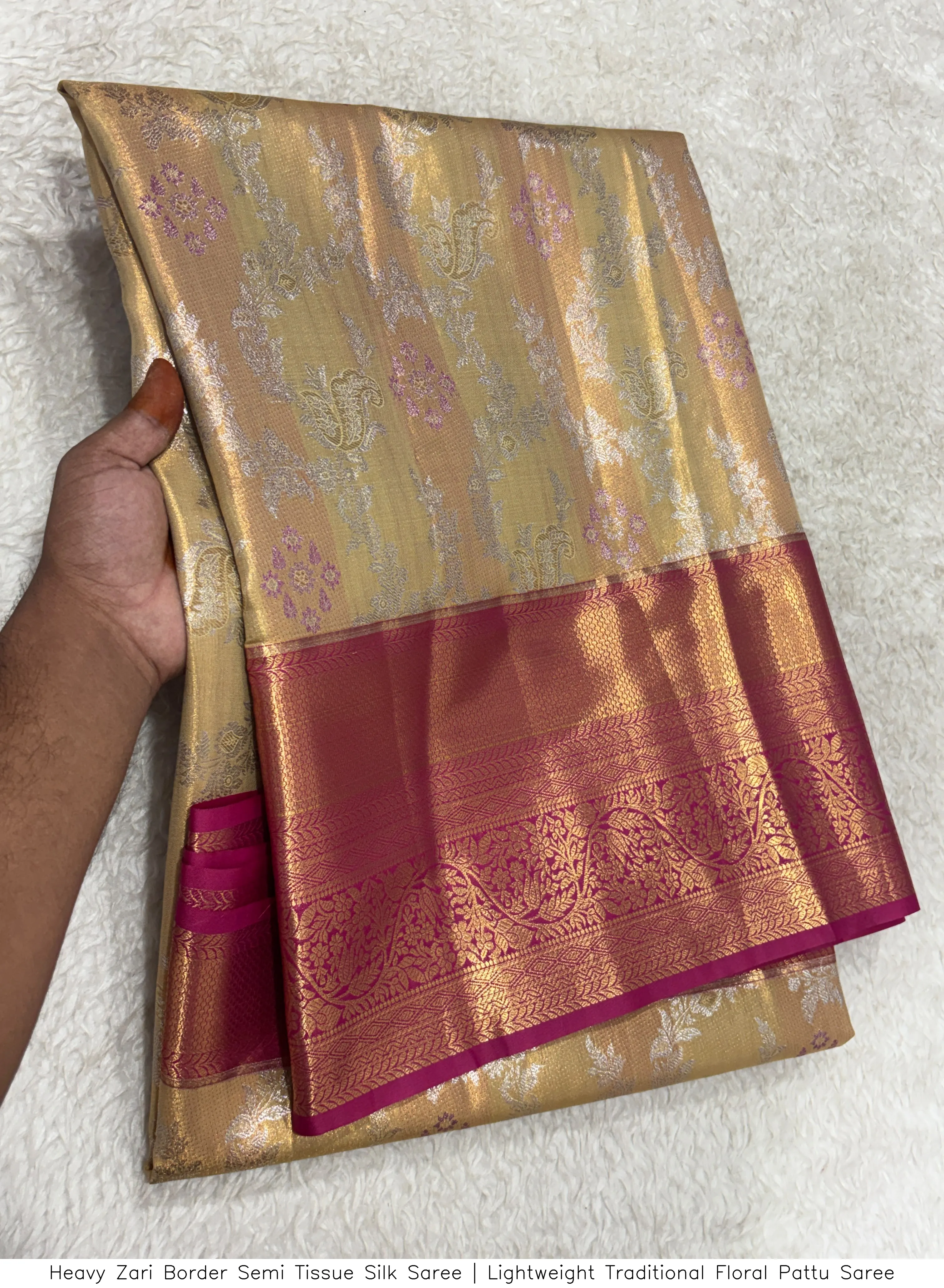Heavy Zari Border Semi Tissue Silk Saree | Lightweight Traditional Floral Pattu Saree 7