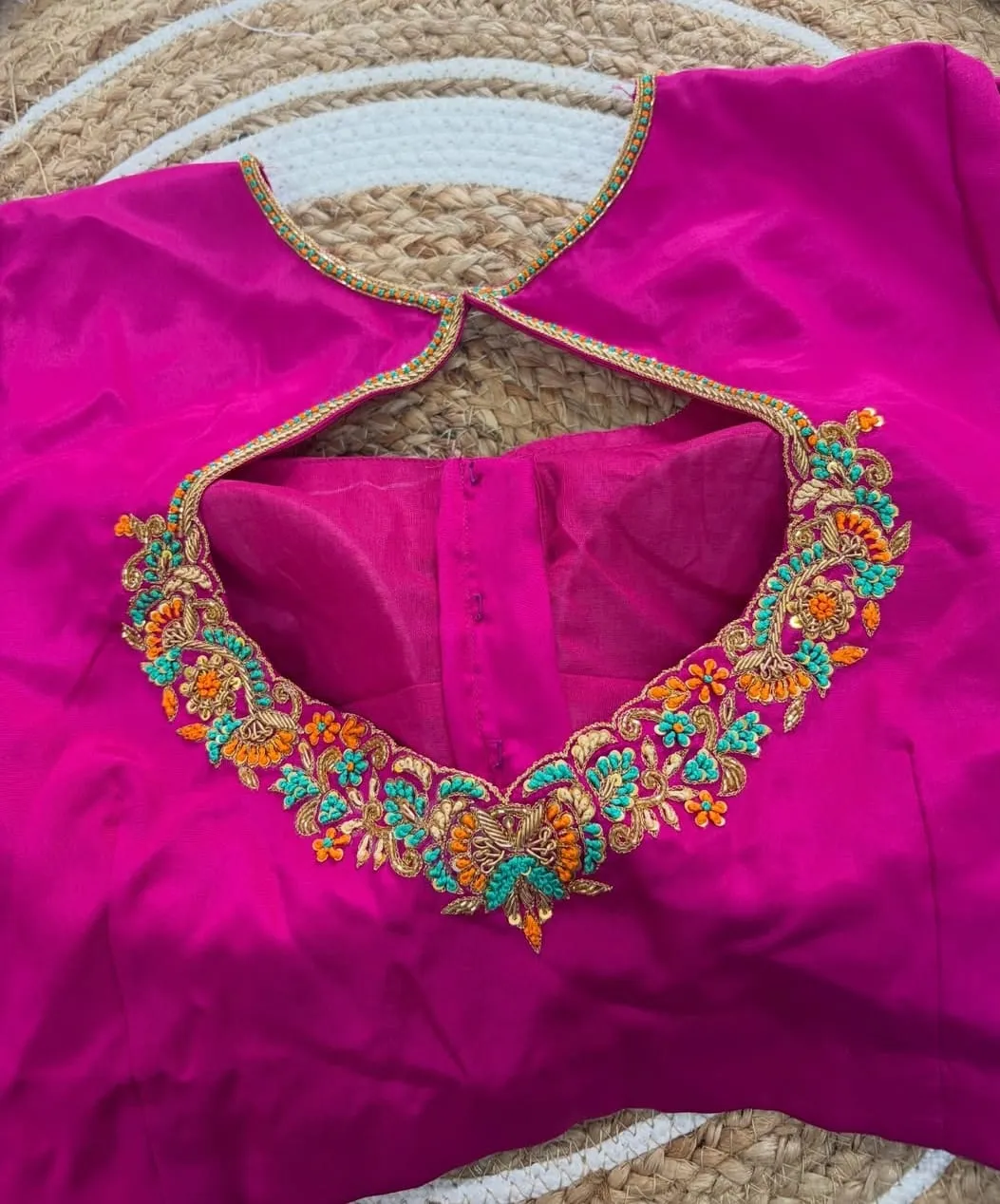 Hot Pink Keyhole Neck Saree Blouse | Multi-Color Thread & Zardosi Work Readymade Silk Blouse 1