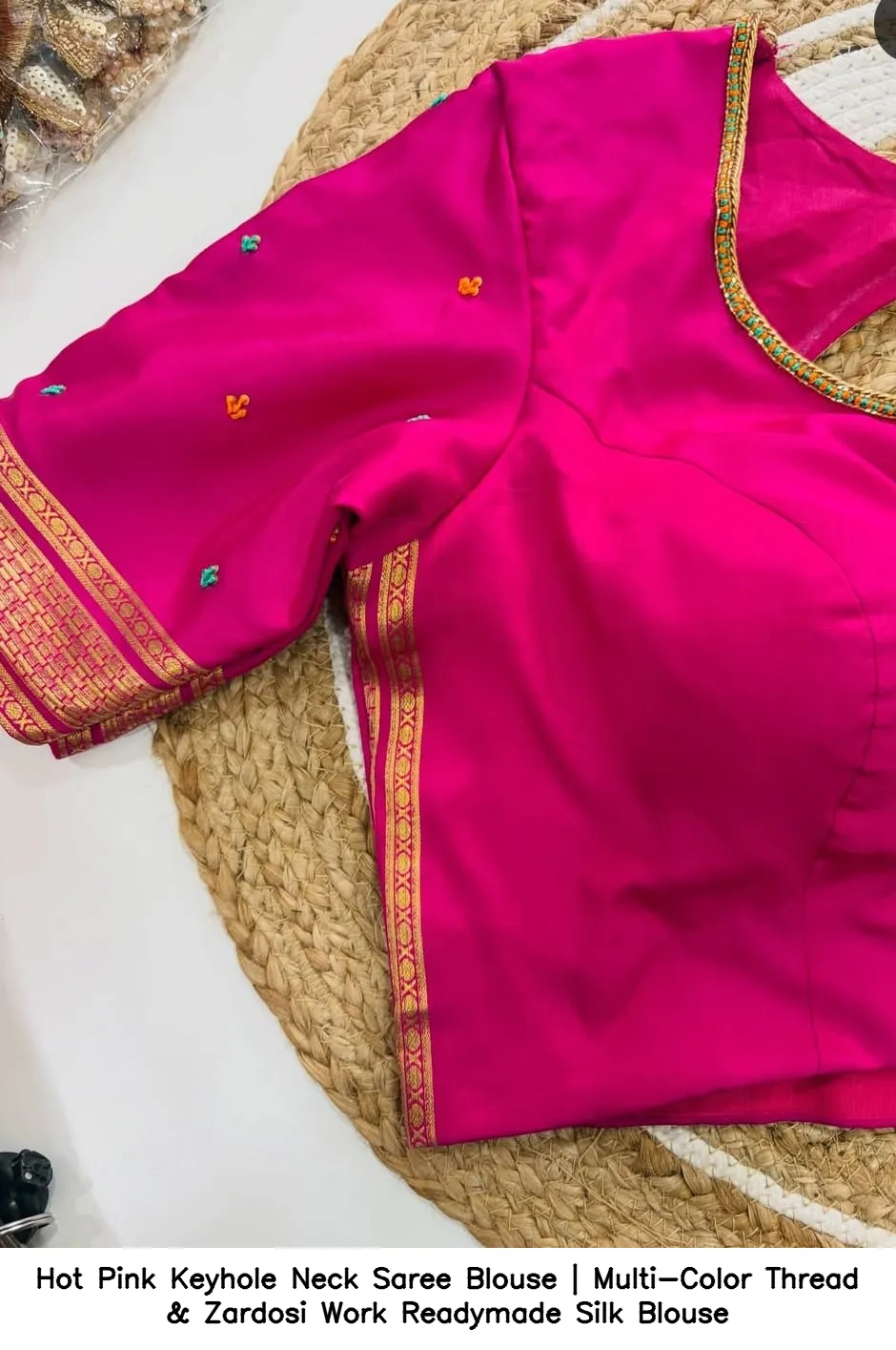 Hot Pink Keyhole Neck Saree Blouse | Multi-Color Thread & Zardosi Work Readymade Silk Blouse 2