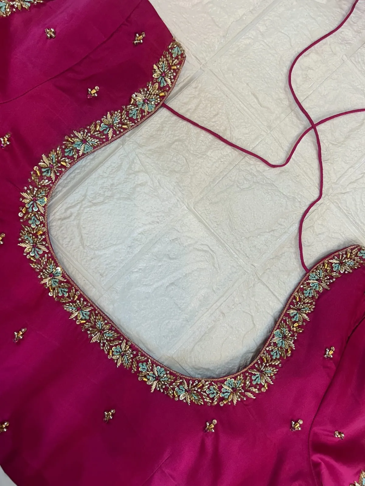 Hot Pink Raw Silk Blouse | Hand Embroidered Floral Neck Border & Bead Work Sleeves