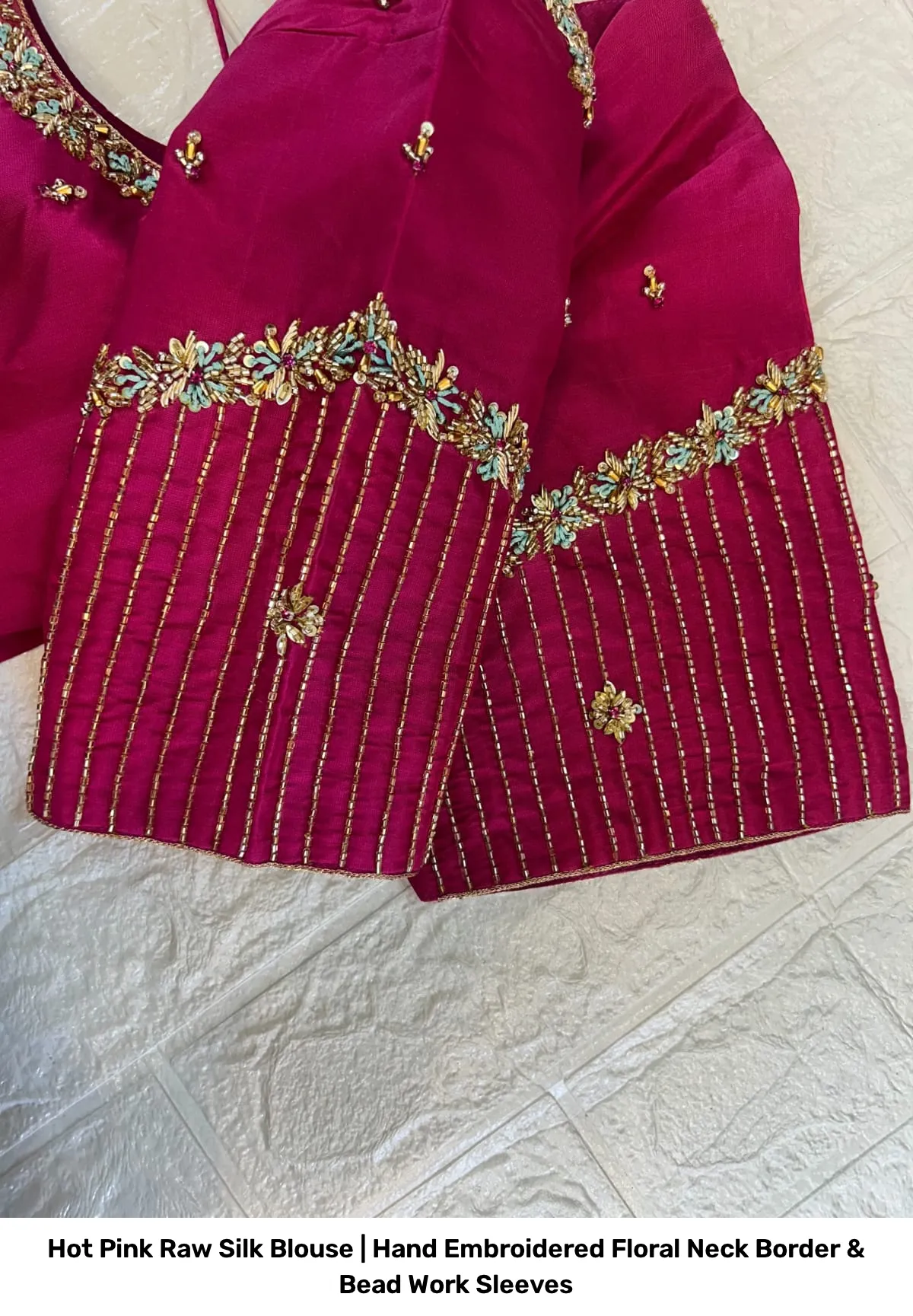 Hot Pink Raw Silk Blouse | Hand Embroidered Floral Neck Border & Bead Work Sleeves 2