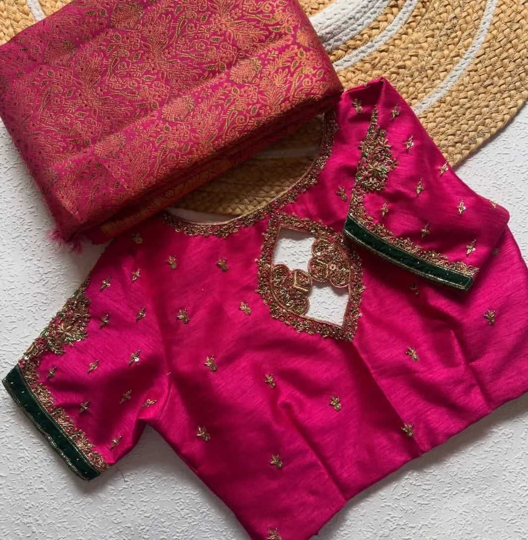 Hot Pink Raw Silk Bridal Maggam Blouse | Handcrafted Zardosi Velvet Border with Unique Cutwork Back Choli 1
