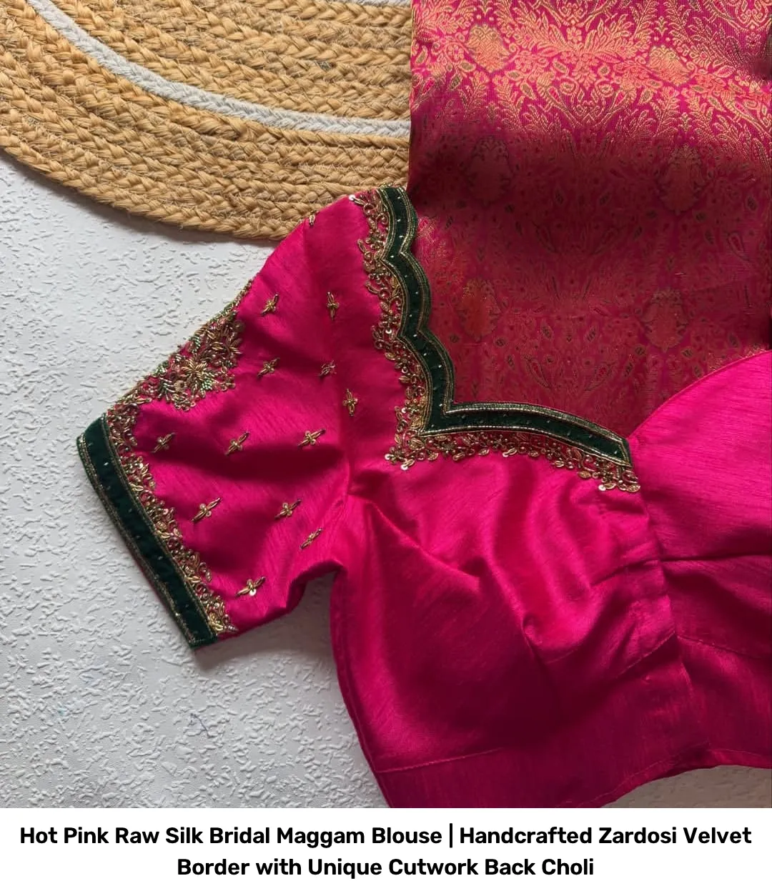 Hot Pink Raw Silk Bridal Maggam Blouse | Handcrafted Zardosi Velvet Border with Unique Cutwork Back Choli 2