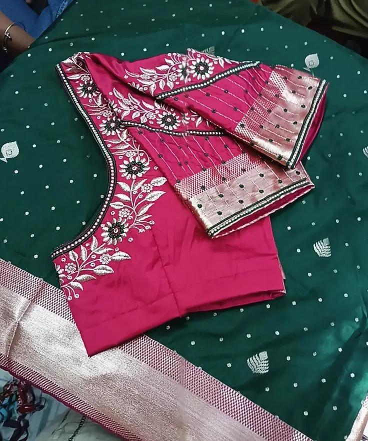 Hot Pink Raw Silk Designer Blouse | Silver Zari & Thread Work Foliage Neckline with Diagonal Sleeve Pattern Festive Choli