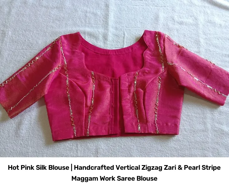 Hot Pink Silk Blouse | Handcrafted Vertical Zigzag Zari & Pearl Stripe Maggam Work Saree Blouse 2