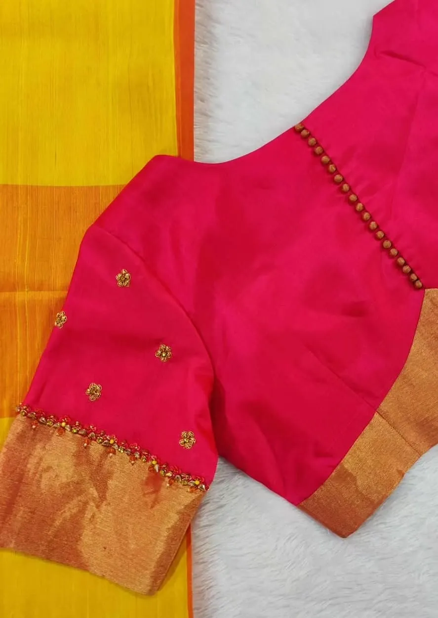 Hot Pink Silk Blouse with Gold Zari Border & Maggam Shoulder Work | Hand Embroidered Saree Blouse 1