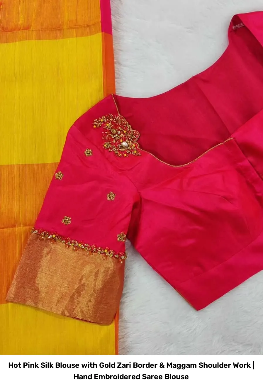 Hot Pink Silk Blouse with Gold Zari Border & Maggam Shoulder Work | Hand Embroidered Saree Blouse 3