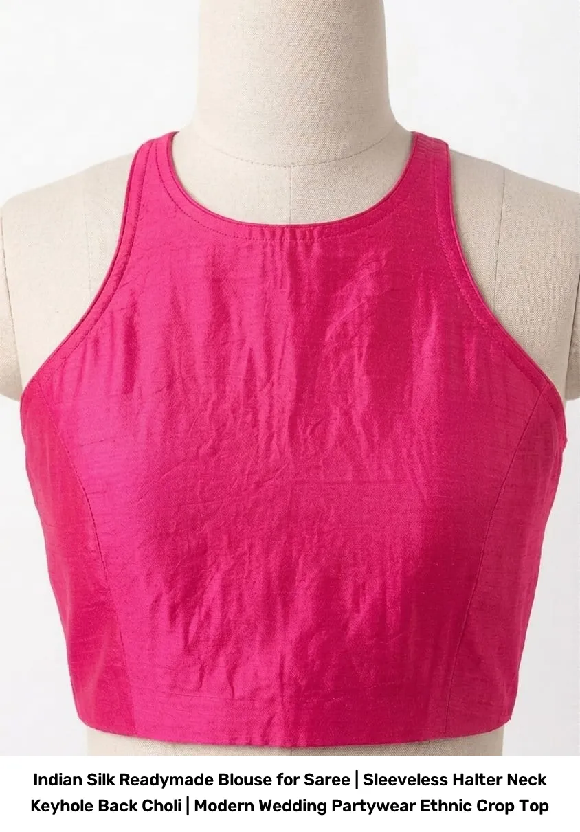 Indian Silk Readymade Blouse for Saree | Sleeveless Halter Neck Keyhole Back Choli | Modern Wedding Partywear Ethnic Crop Top 6
