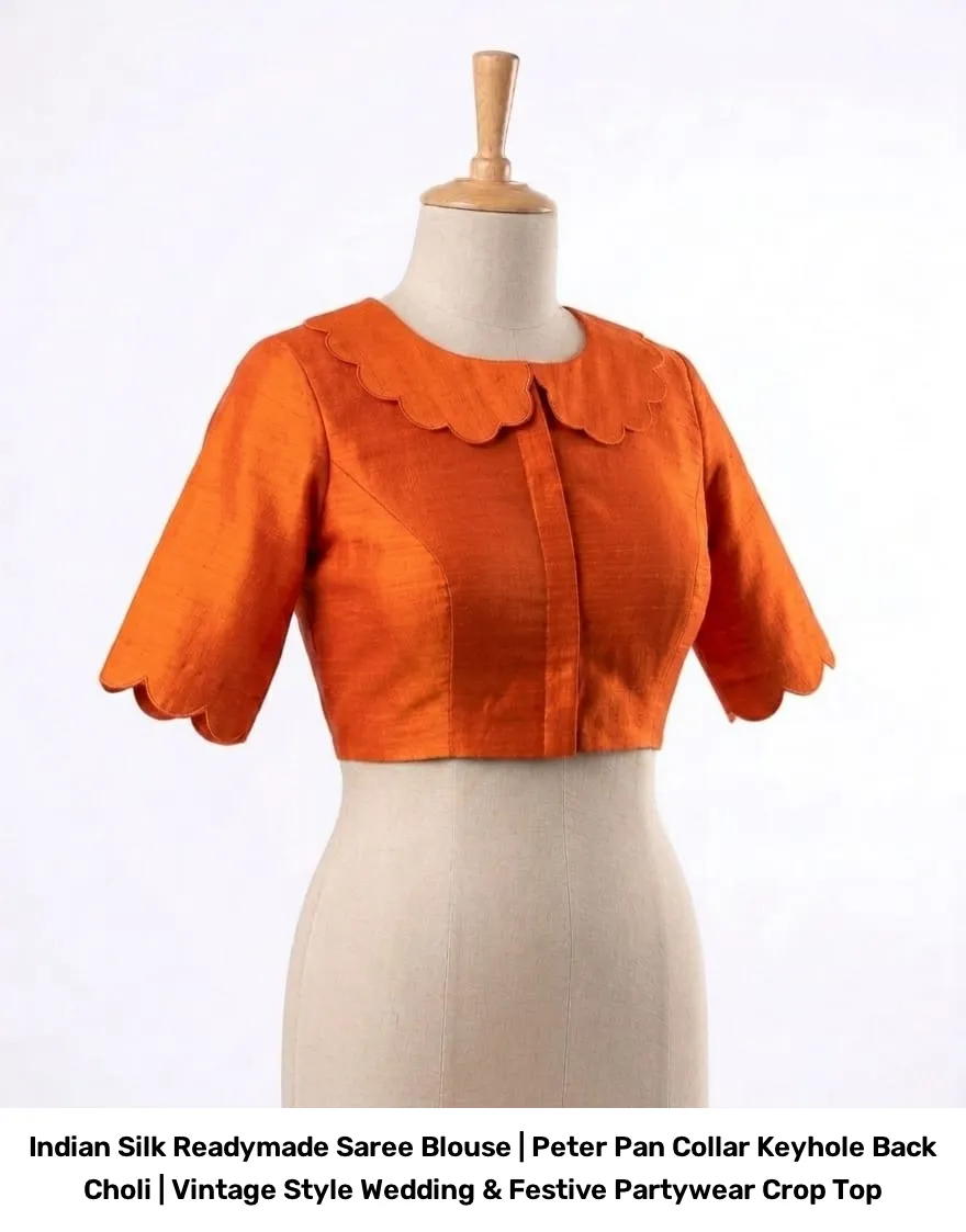 Indian Silk Readymade Saree Blouse | Peter Pan Collar Keyhole Back Choli | Vintage Style Wedding & Festive Partywear Crop Top 3