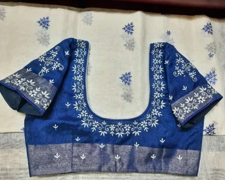 Indigo Blue Silk Computer Embroidery Blouse | Silver White Floral Vine Machine Work Readymade Saree Blouse with Zari Border