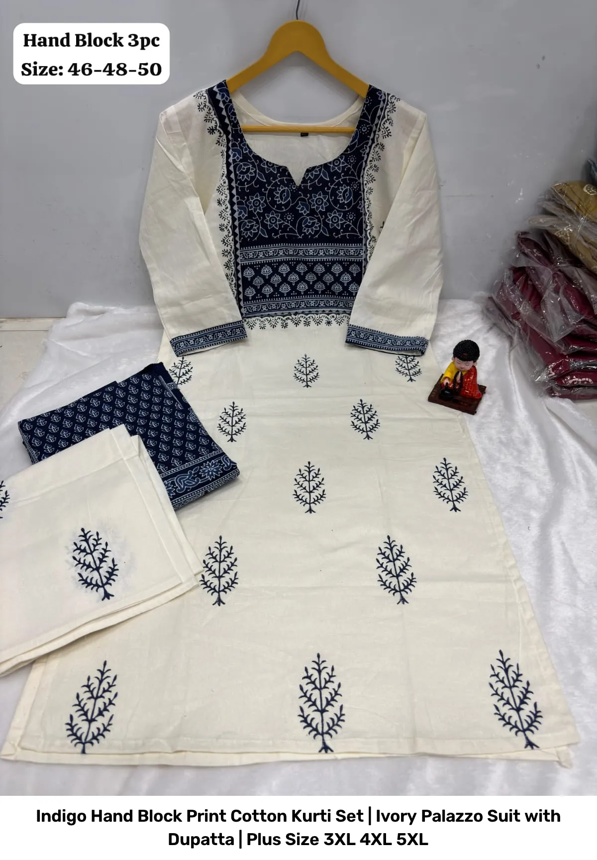 Indigo Hand Block Print Cotton Kurti Set | Ivory Palazzo Suit with Dupatta | Plus Size 3XL 4XL 5XL 2