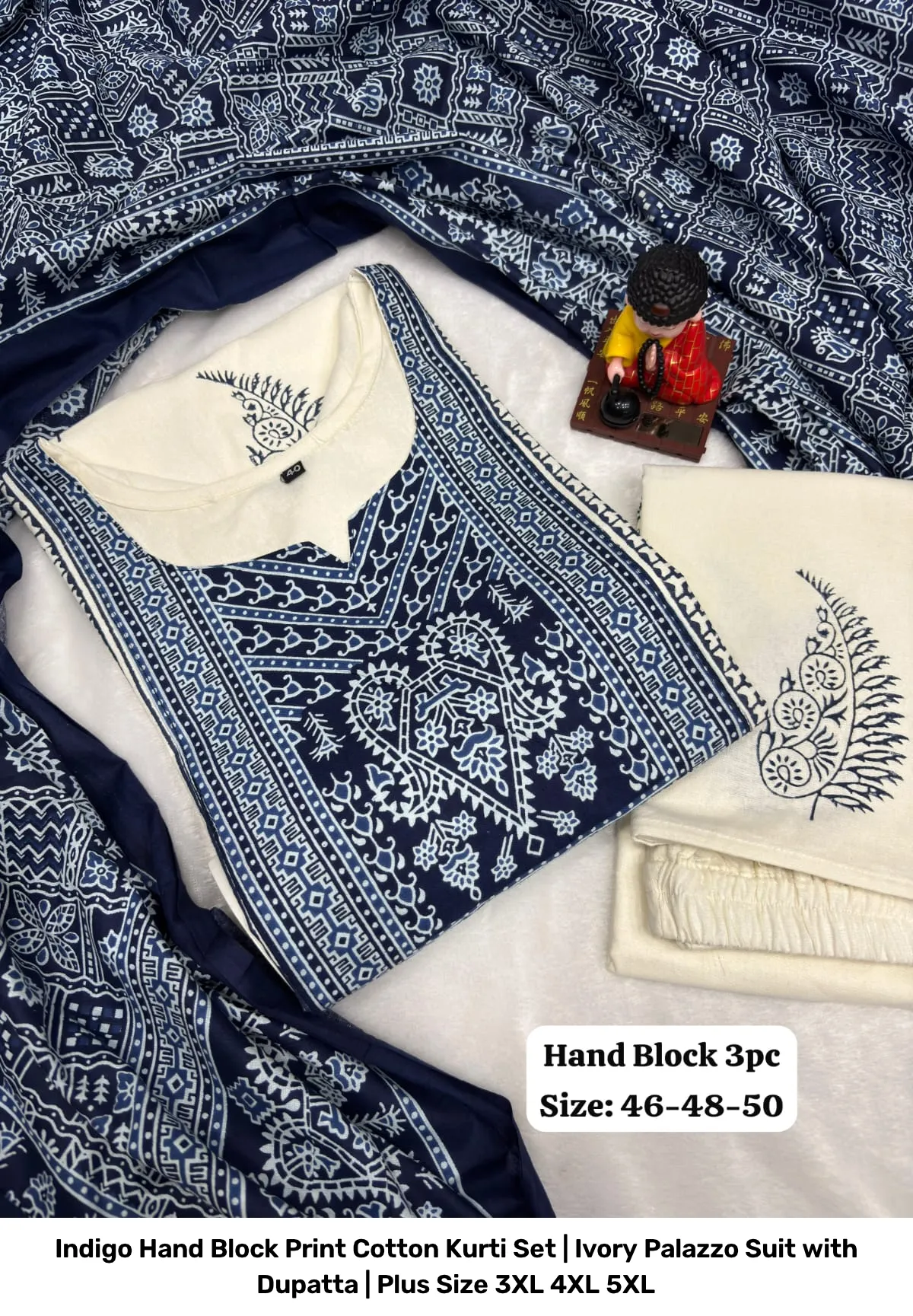 Indigo Hand Block Print Cotton Kurti Set | Ivory Palazzo Suit with Dupatta | Plus Size 3XL 4XL 5XL 3